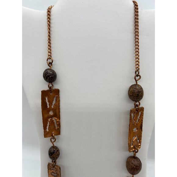 Brutalist Artisan Copper cutout pendant and Beaded chain Boho Necklace - Picture 2 of 5